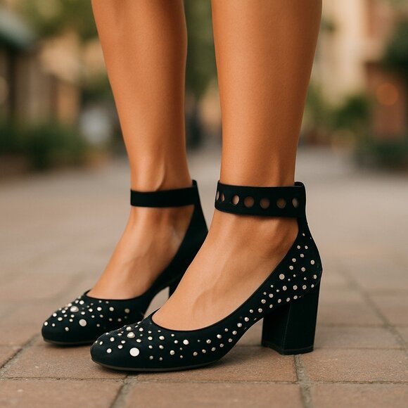 Cecelia New York Black Suede Ankle Strap Studded Block Heels Womens Sz 7 - Picture 1 of 13